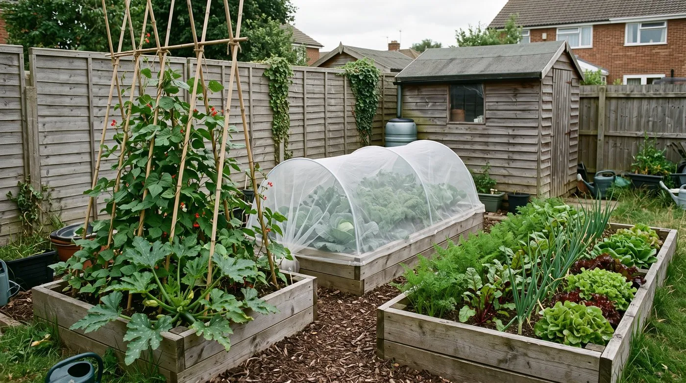 Three raised beds rotating beans, brassicas under mesh, and roots with onions in a small UK garden