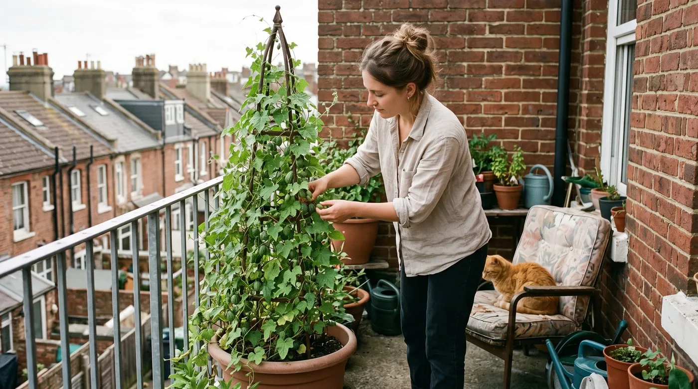 Woman picking cucamelons from a vine on an obelisk in a large pot on a balcony, with a ginger cat