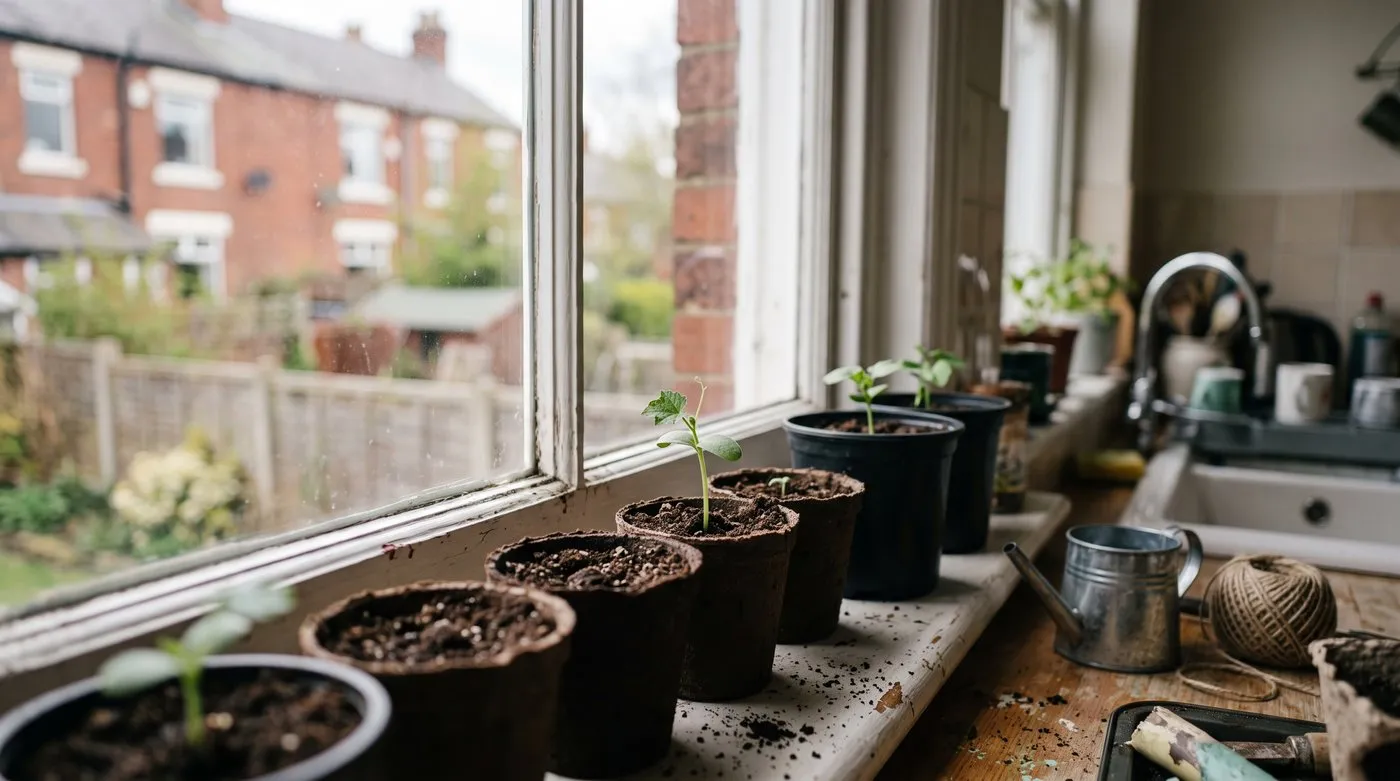 Young cucamelon seedlings with small lobed leaves in pots on a sunny kitchen windowsill
