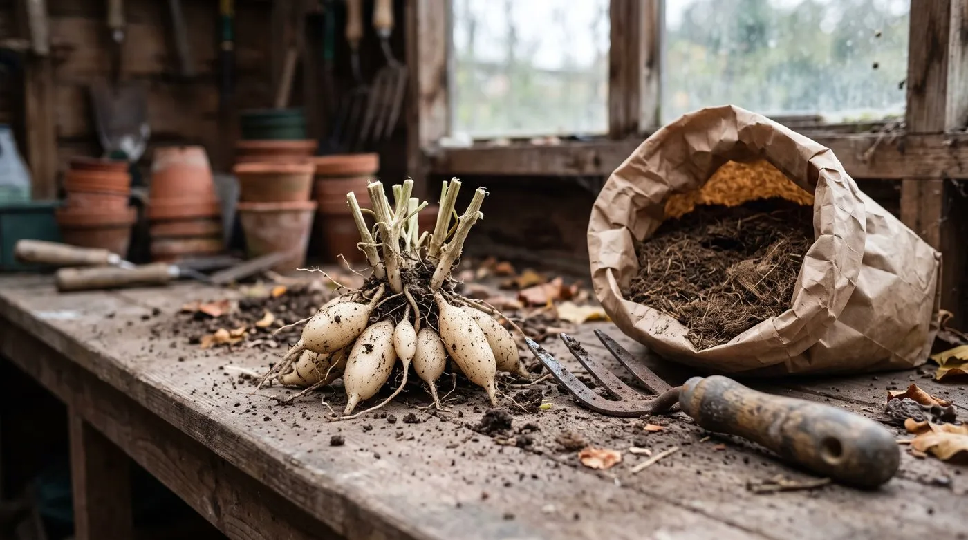 Small pale cucamelon tubers lifted in autumn beside a paper bag of dry compost for storage