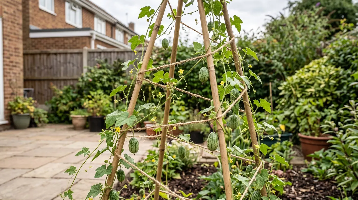 Cucamelon vines with tiny watermelon-like fruits climbing a string-wrapped cane wigwam