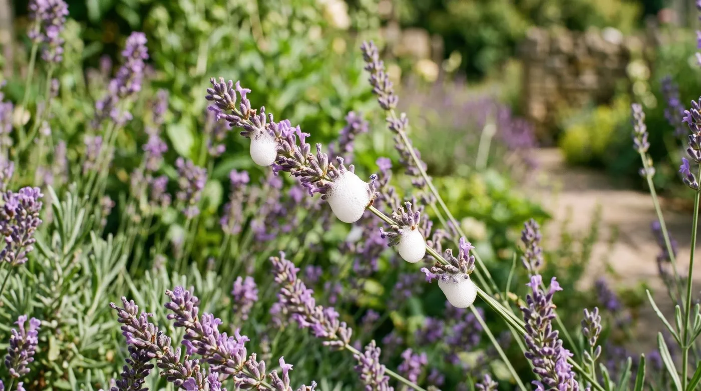 Blobs of white cuckoo spit dotted along the flowering stems of lavender in a sunny UK border