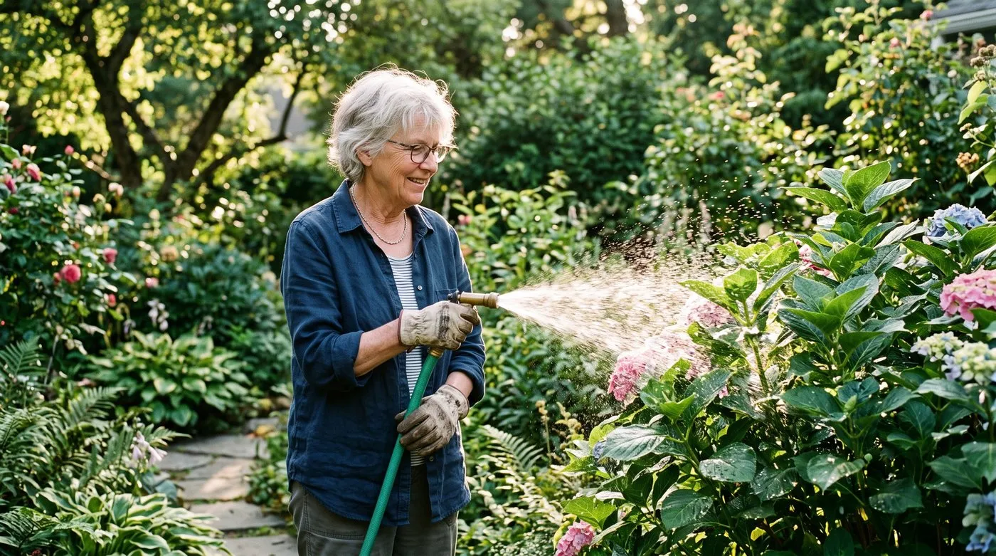 A gardener spraying a jet of water from a hose to wash white cuckoo spit froth off a garden plant