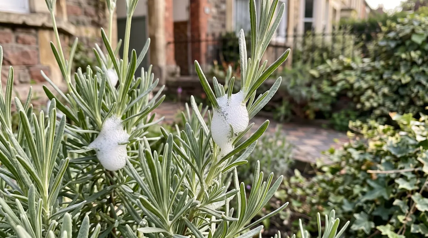 Blobs of bubbly white cuckoo spit on the stems of a healthy lavender plant in late spring