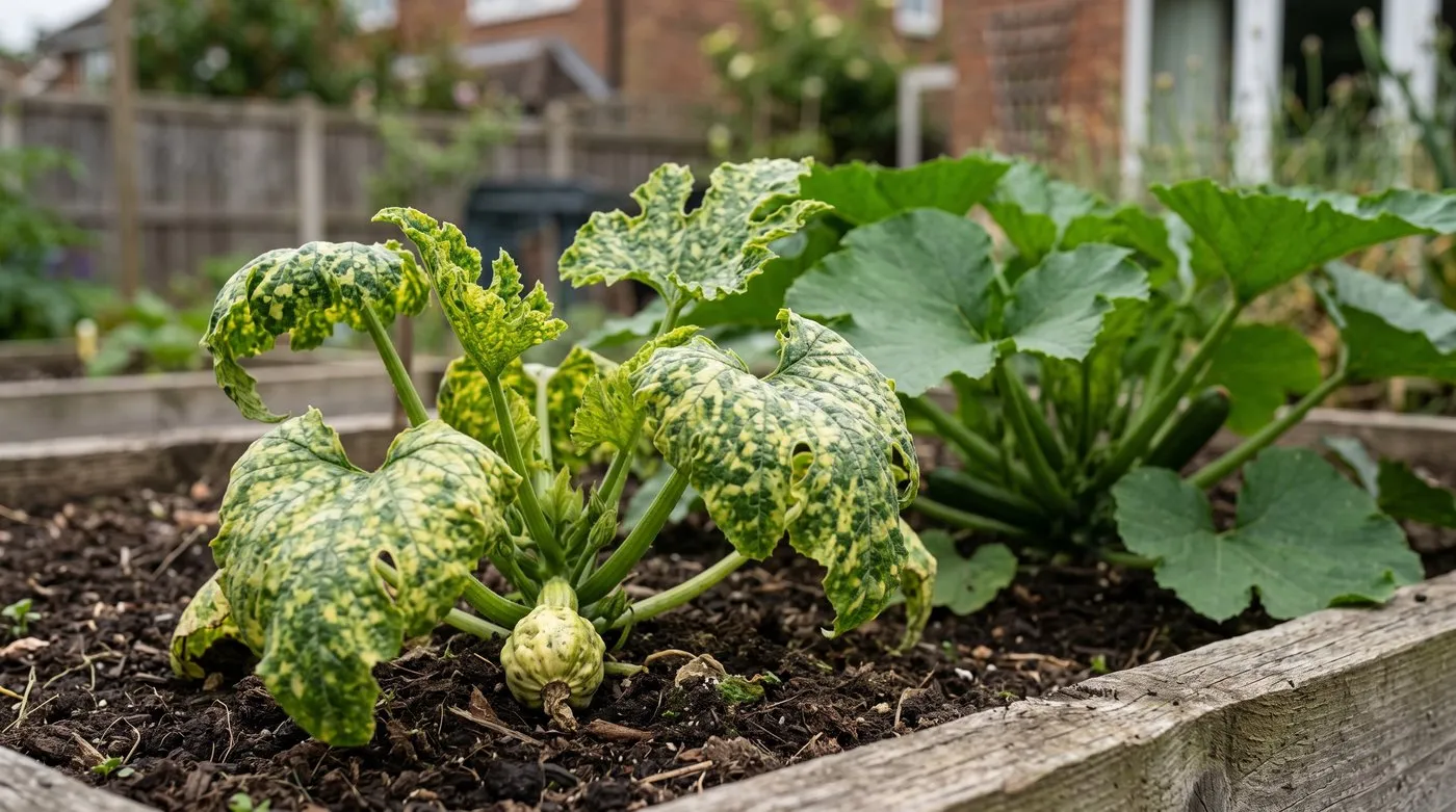 Courgette plant with yellow mosaic mottling, puckered leaves and a small lumpy fruit from cucumber mosaic virus