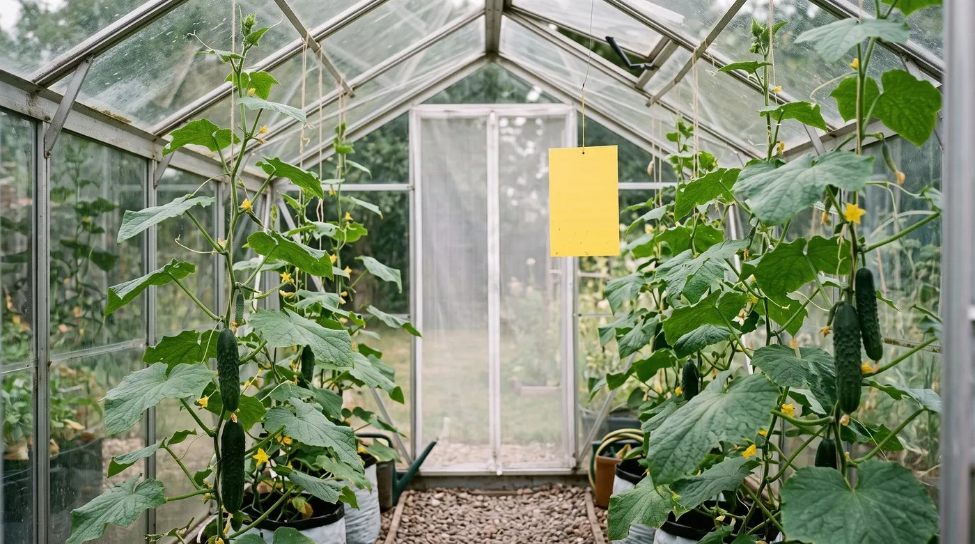 Greenhouse with fine insect mesh over the roof vent and door, protecting healthy cucumbers from aphids