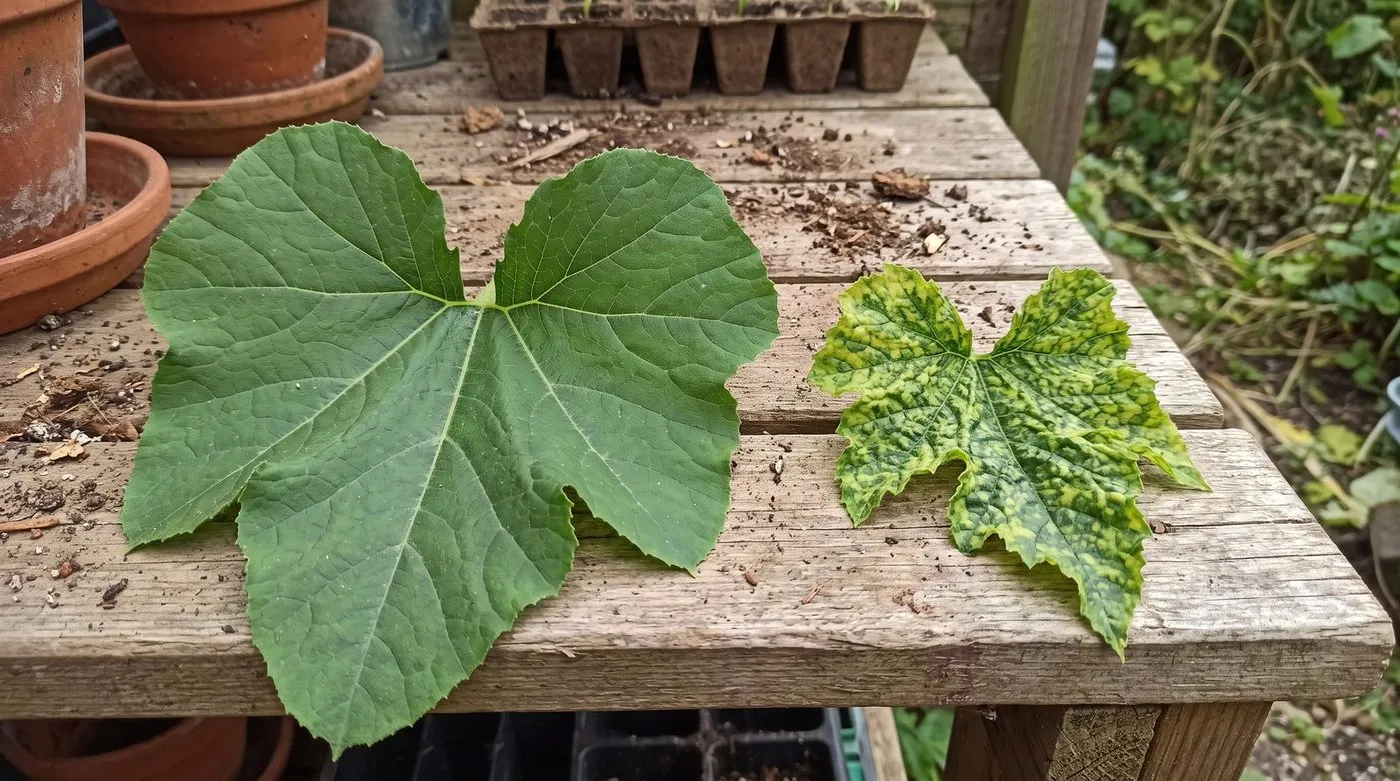 Cucumber mosaic virus symptom comparison showing healthy and infected leaves side by side