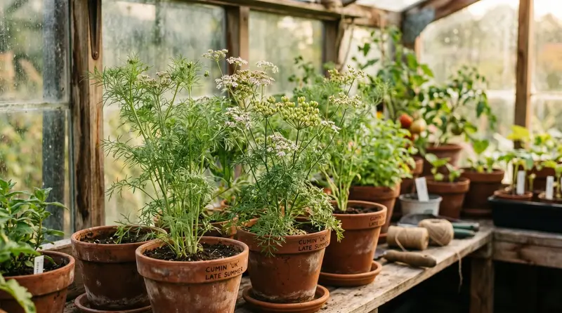 Cumin plants with delicate feathery foliage growing in terracotta pots in a sunny UK south-facing greenhouse with seed heads