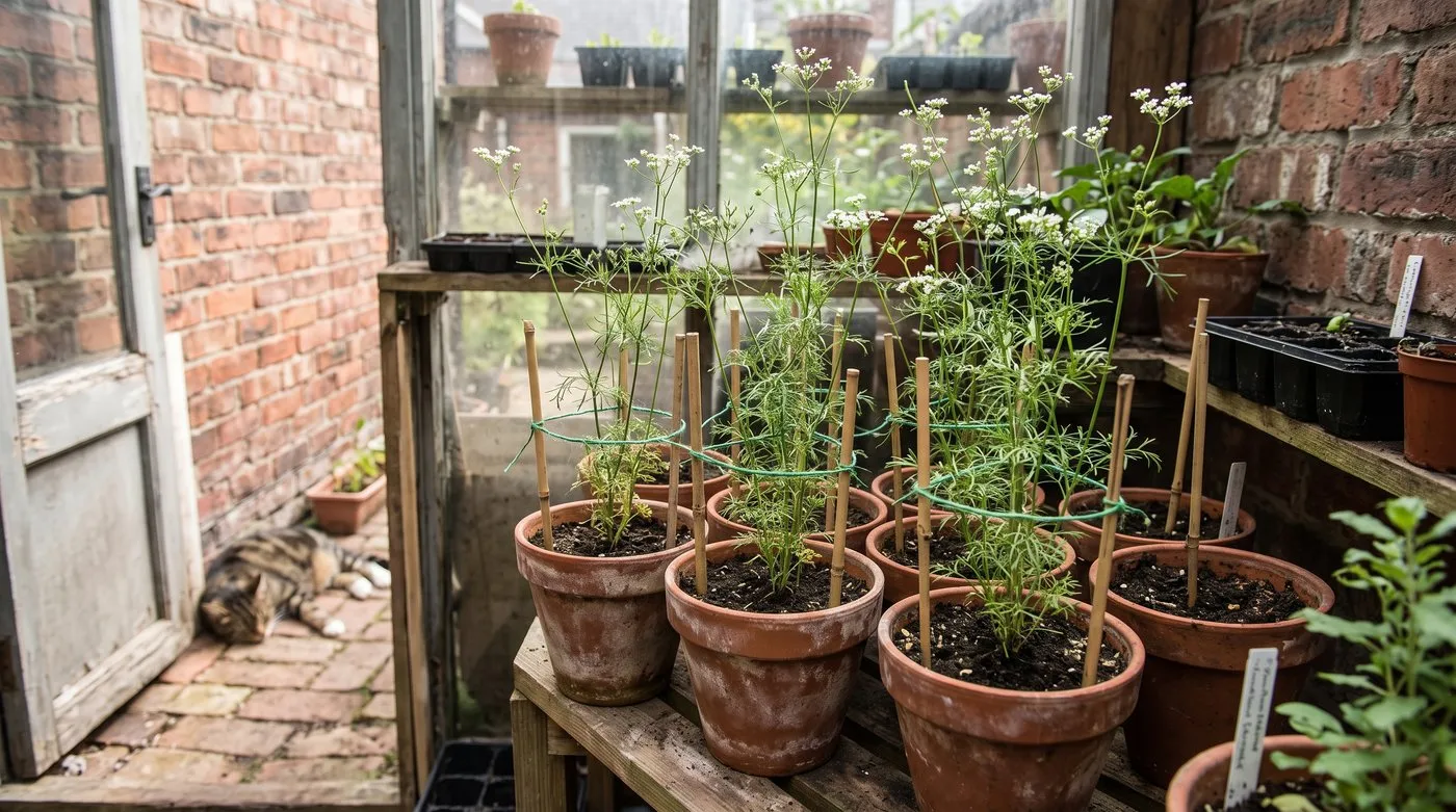 Potted cumin plants held up with canes and twine in a sunny lean-to greenhouse