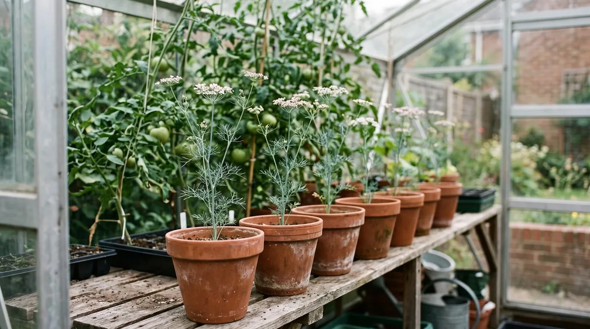 Cumin plants with fine thread-like leaves and small white flower clusters in terracotta pots in a greenhouse