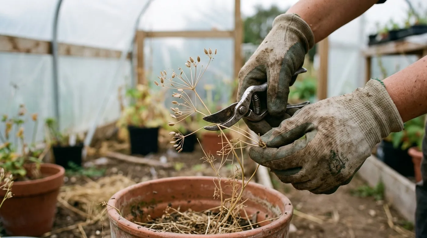 Gloved hands snipping small brown cumin seed heads from a potted plant