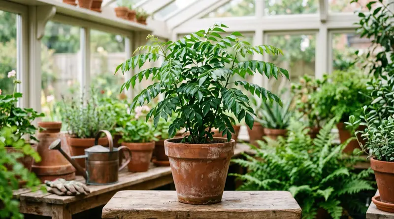 Healthy potted curry leaf plant with glossy pinnate leaves on a bench in a bright UK conservatory