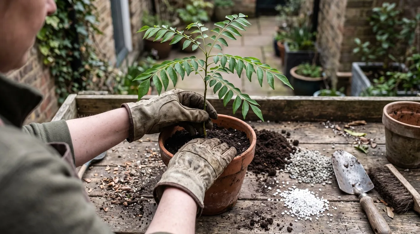 Gloved hands repotting a curry leaf plant into a terracotta pot beside heaps of compost, grit and perlite