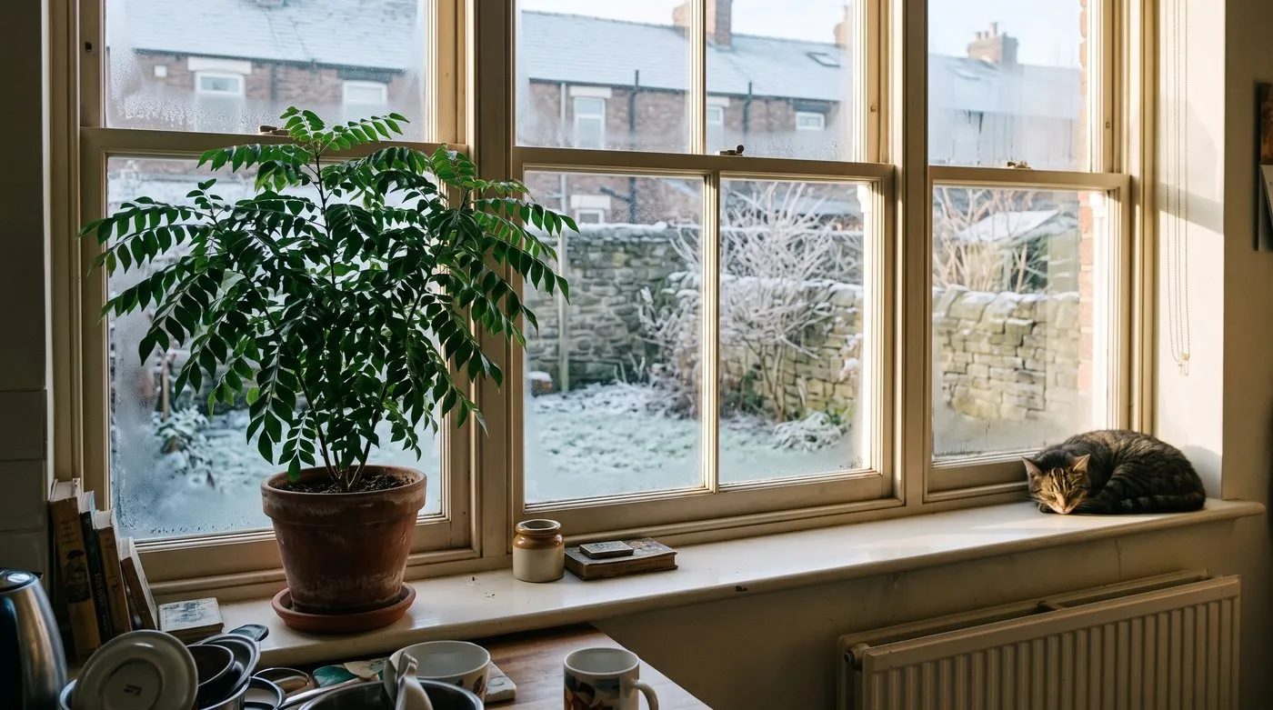 Potted curry leaf plant on a sunny kitchen windowsill in winter with a frosty garden outside