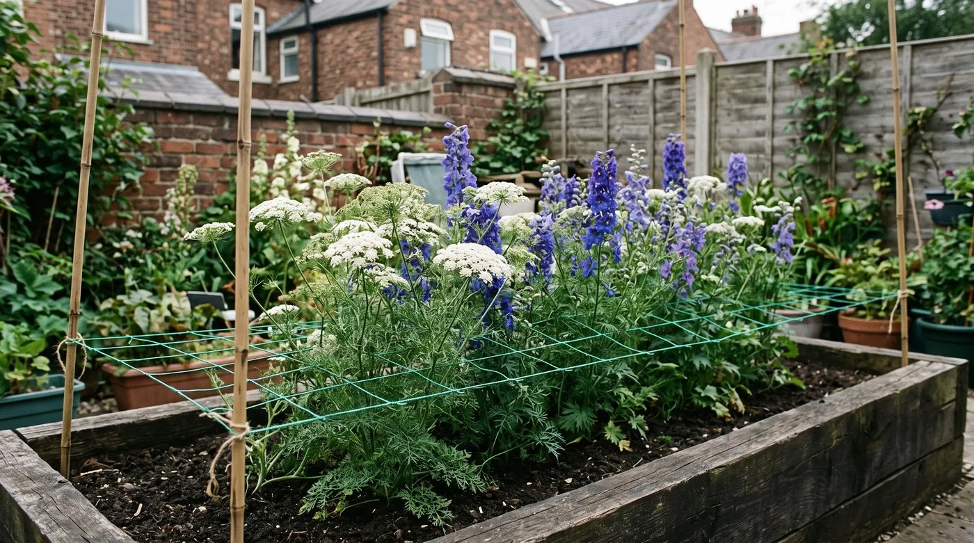 Ammi and larkspur growing up through horizontal netting held on canes