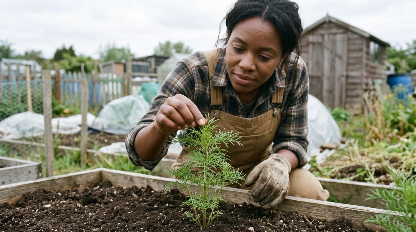 Gardener pinching out the tip of a young cosmos plant to make it branch