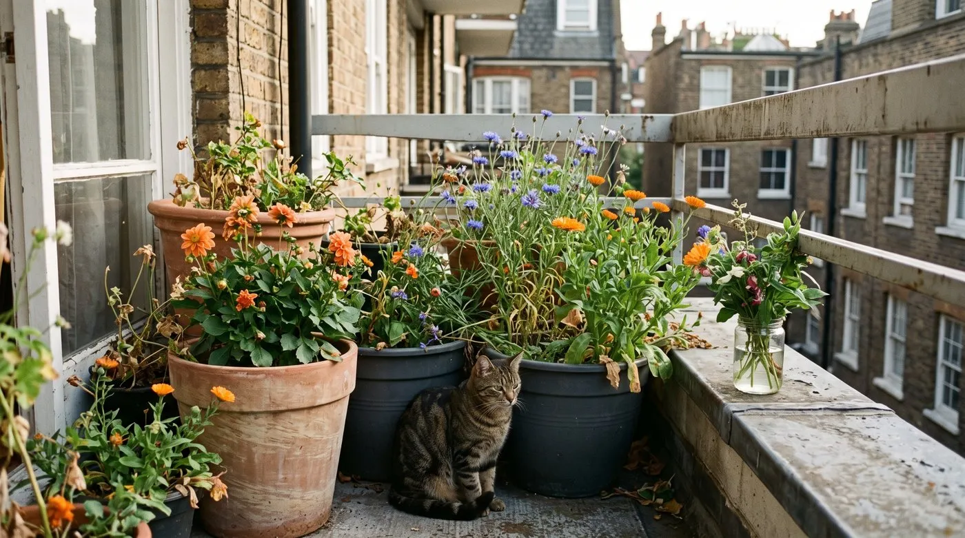 Pots of dahlias, cornflowers and calendula on a balcony with a jar of cut stems
