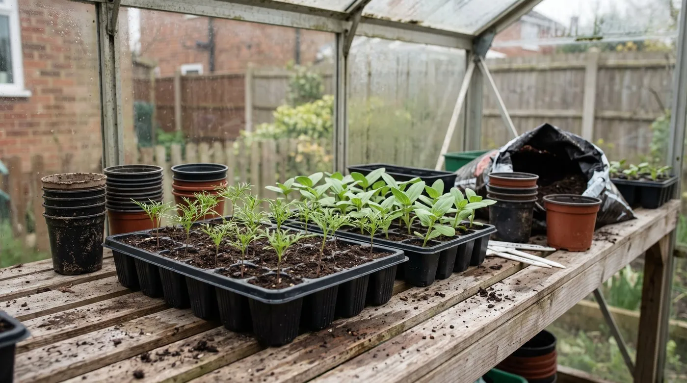Trays of young cosmos and zinnia seedlings in modules on a greenhouse bench