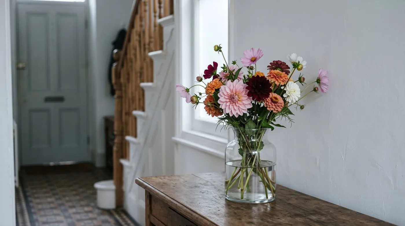 Vase of garden cut flowers in clear water on a table in a cool, bright hallway away from sun and heat
