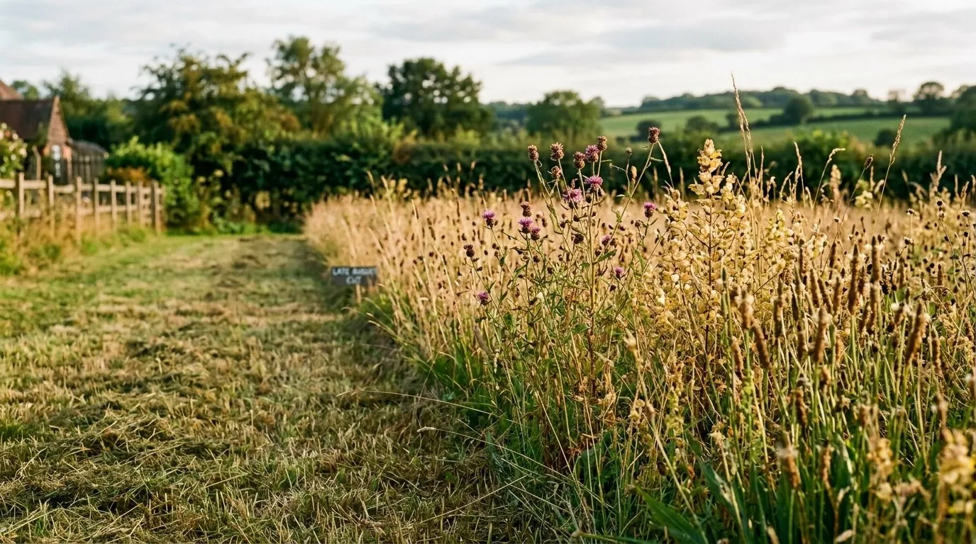Editorial photograph of a UK wildflower meadow in late August half cut and half standing, golden seed heads of yellow rattle and knapweed still upright on the right, freshly cut 8cm stubble on the left