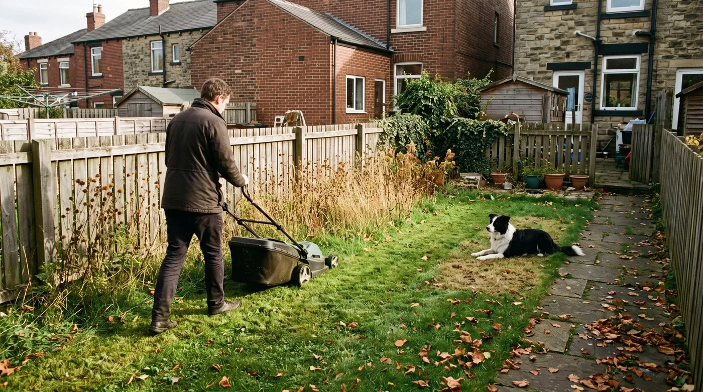 Mowing autumn regrowth on a garden meadow with a collecting mower while a dog watches from the lawn