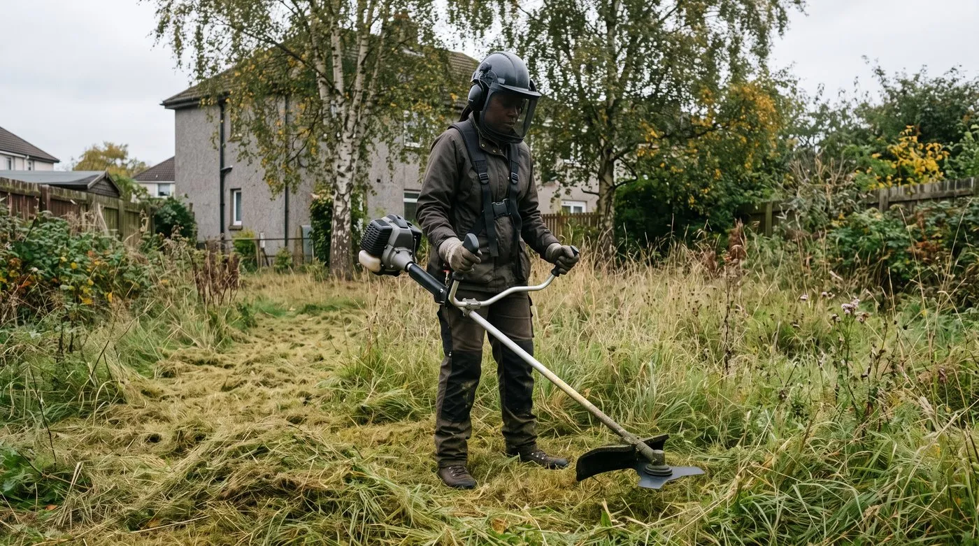 Gardener in safety gear cutting an overgrown grassy meadow with a bladed brushcutter in early autumn