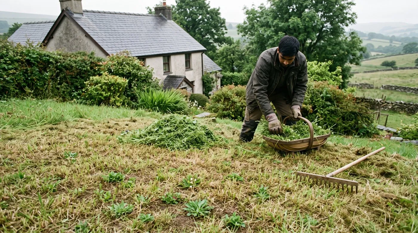 Young gardener gathering clippings into a trug from a newly sown wildflower meadow cut short in its first summer