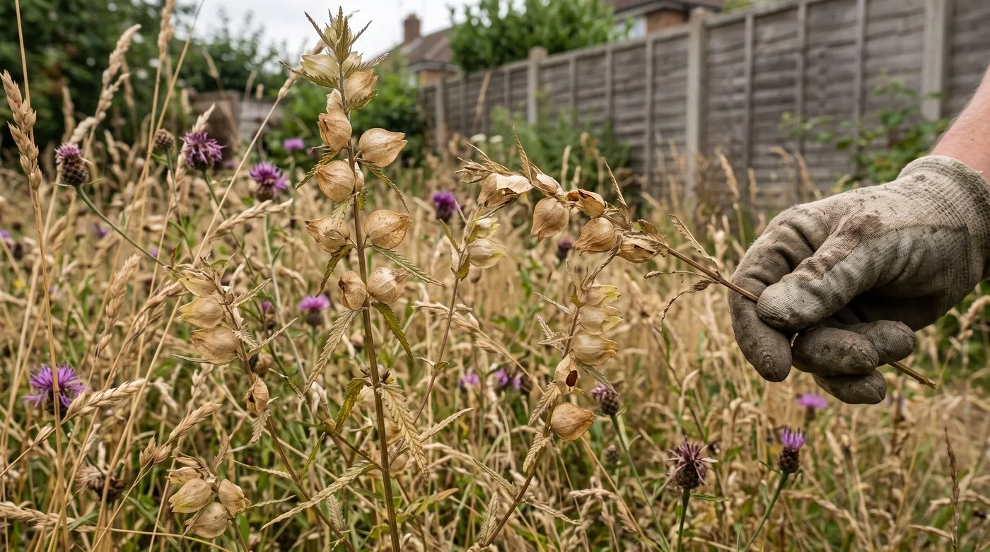Ripe yellow rattle stems with dry papery brown seed pods among grasses in a garden meadow in late summer