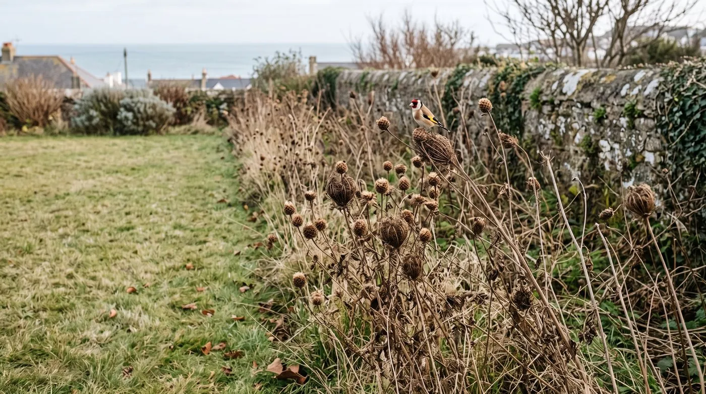 Uncut strip of dry meadow seed heads beside a mown area in winter, with a goldfinch on a knapweed head