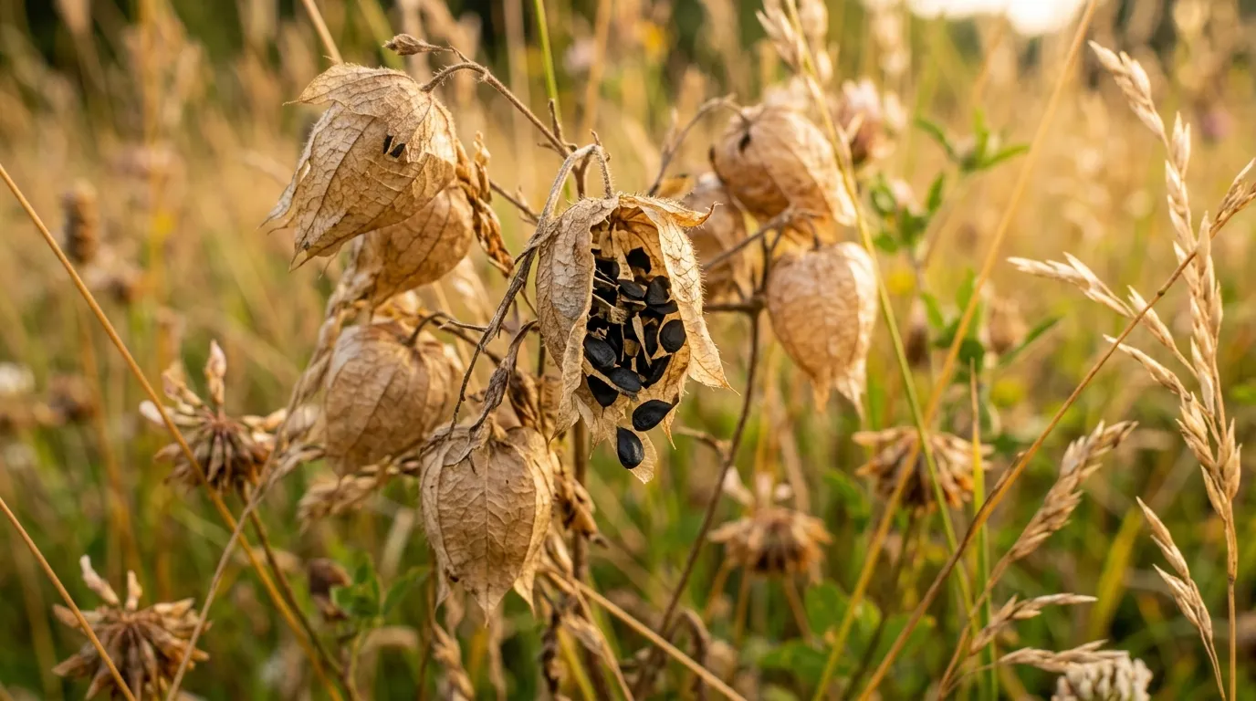 Editorial macro photograph of yellow rattle Rhinanthus minor seed heads in late July UK meadow, brown papery inflated calyx with ripe black seeds inside, surrounding meadow grasses in soft focus