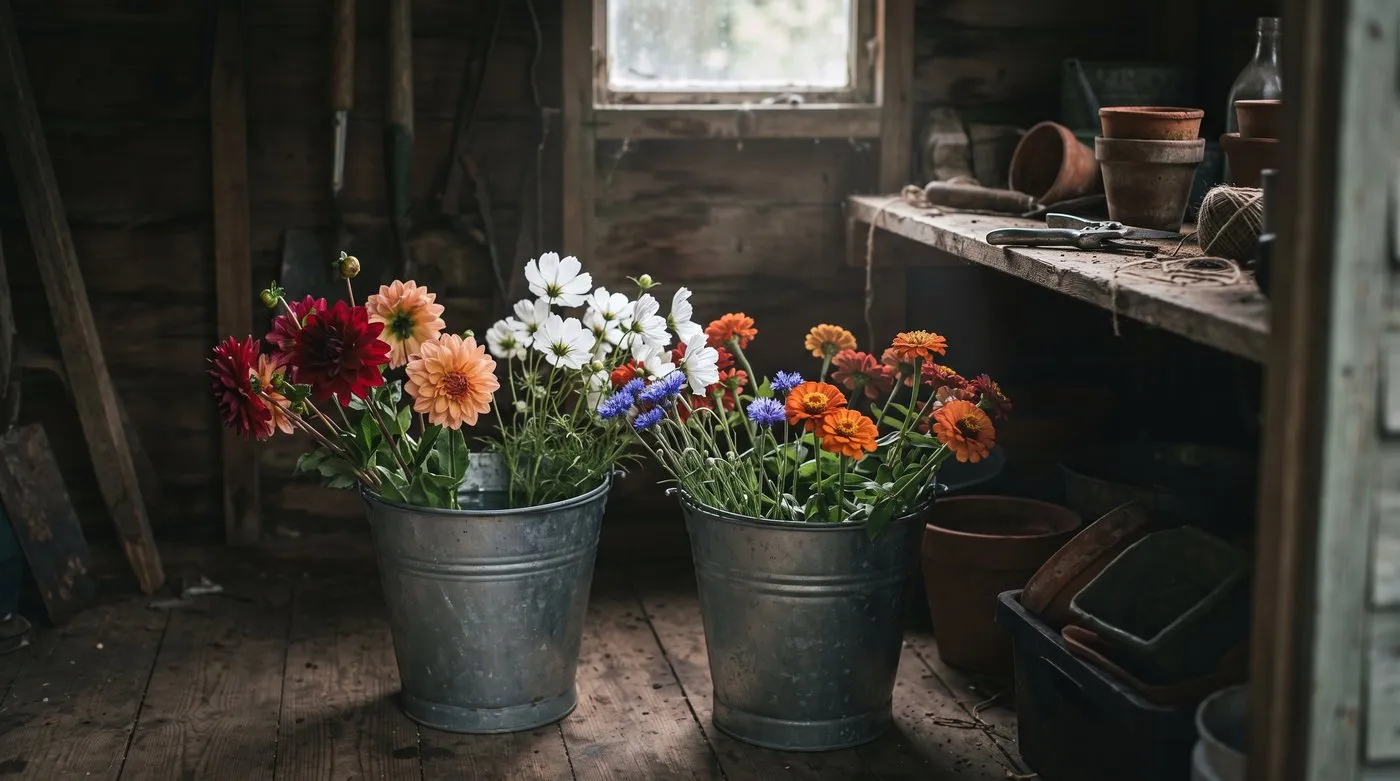 Freshly cut flowers conditioning in buckets of deep water in a cool, dim shed before arranging