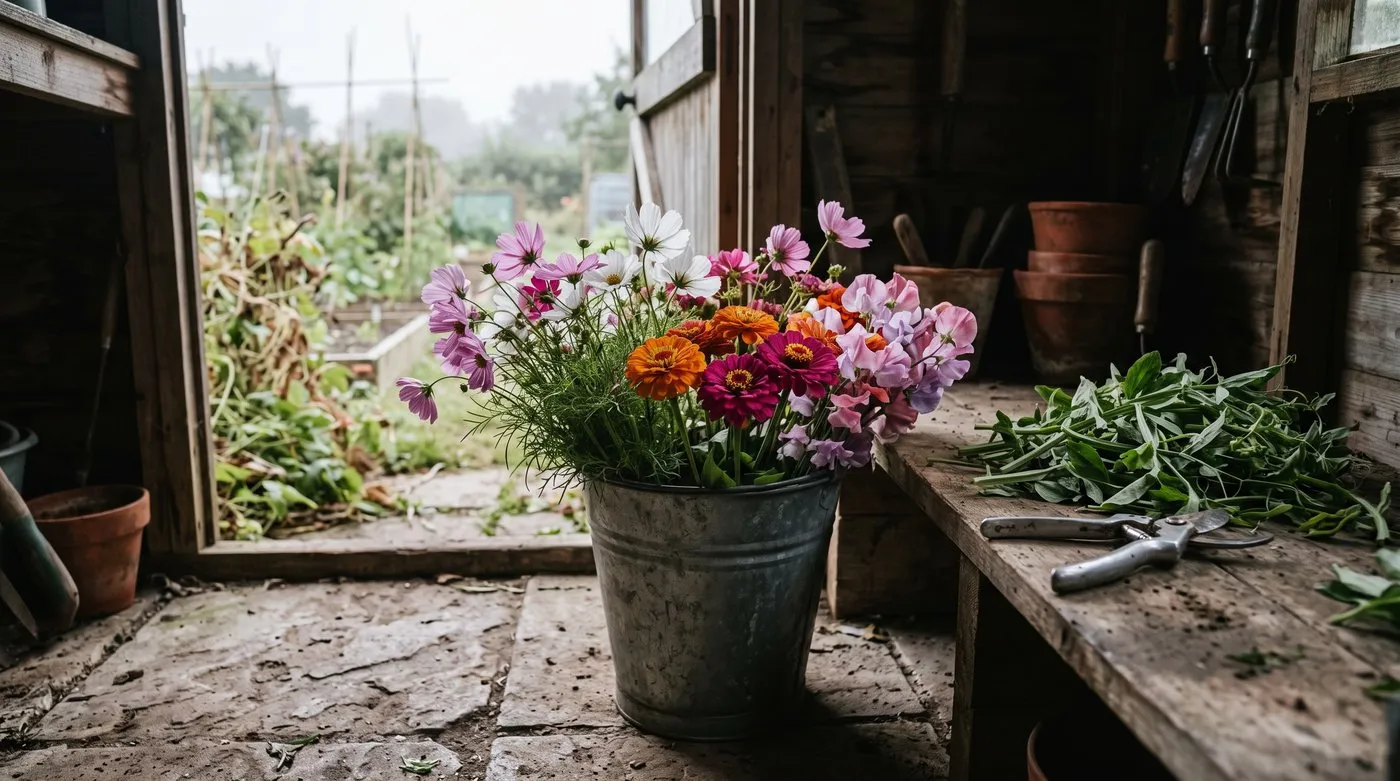 Bucket of freshly picked cutting garden flowers with stripped stems resting in a shady shed