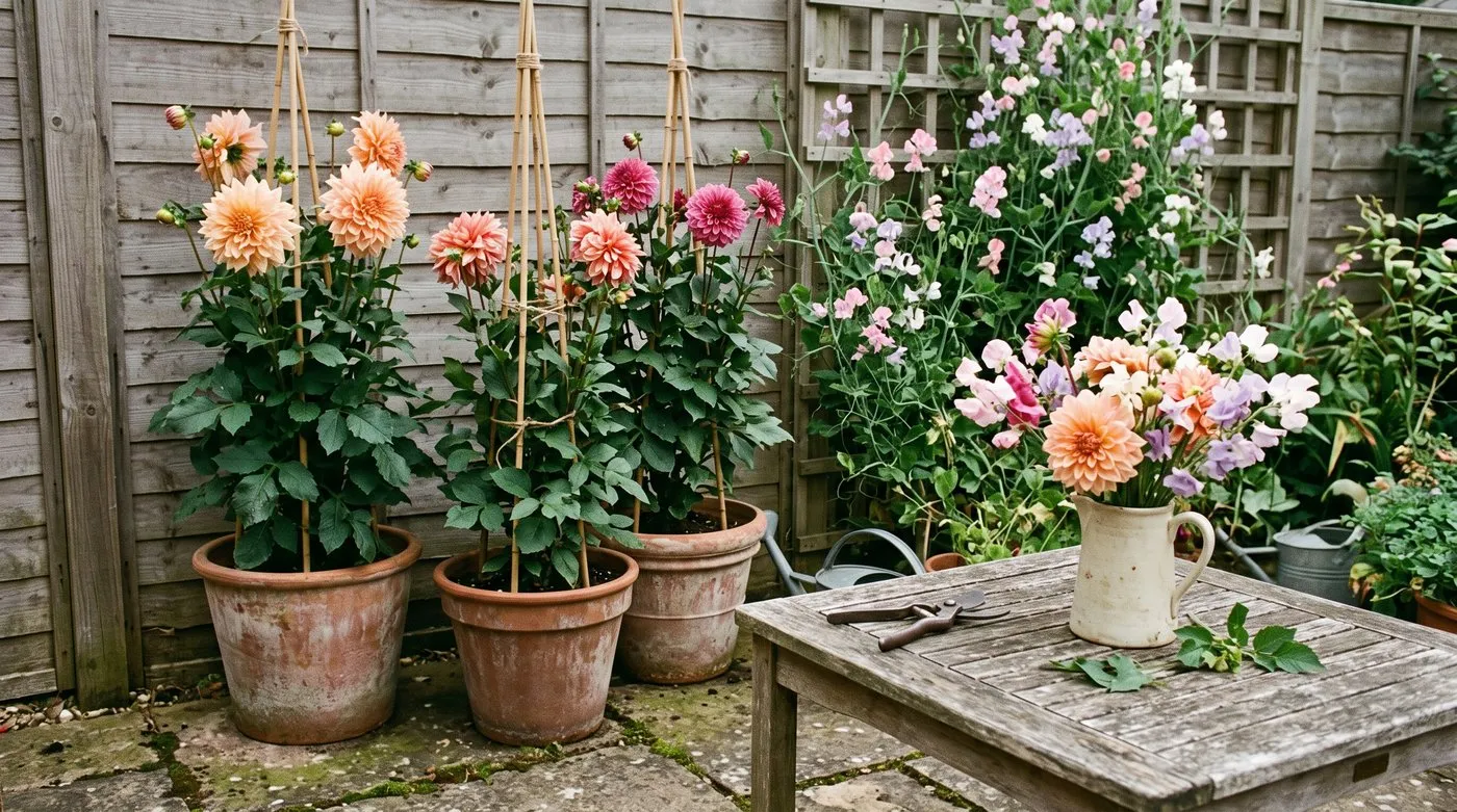 Dahlias in large pots and sweet peas on a fence trellis giving cut flowers on a small UK patio
