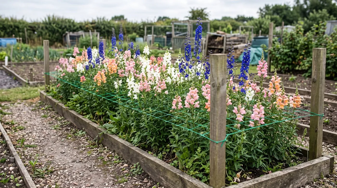 Cutting garden bed with flat netting supporting straight stems of snapdragons and larkspur
