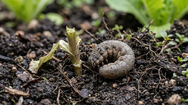 Cutworm caterpillar curled in soil at base of severed UK lettuce seedling stem in a kitchen garden bed