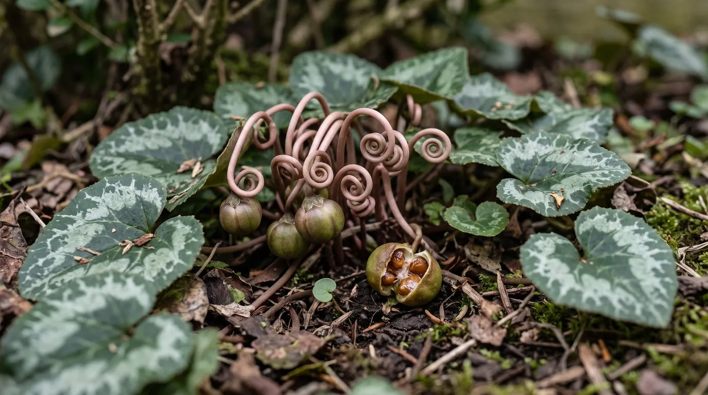 Cyclamen flower stems coiled like springs pulling round seed pods down among marbled leaves
