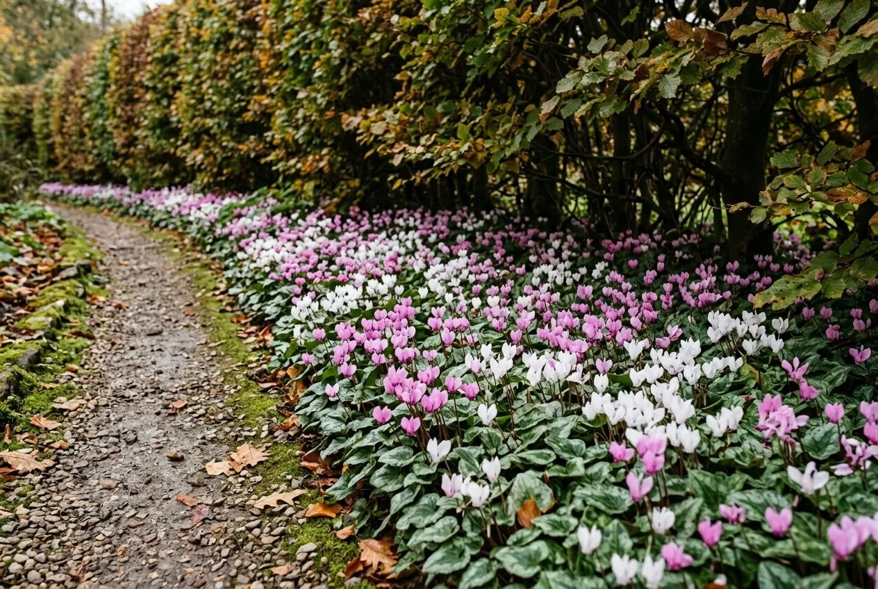 A naturalised colony of cyclamen hederifolium growing beneath a beech hedge in a UK garden with pink and white flowers