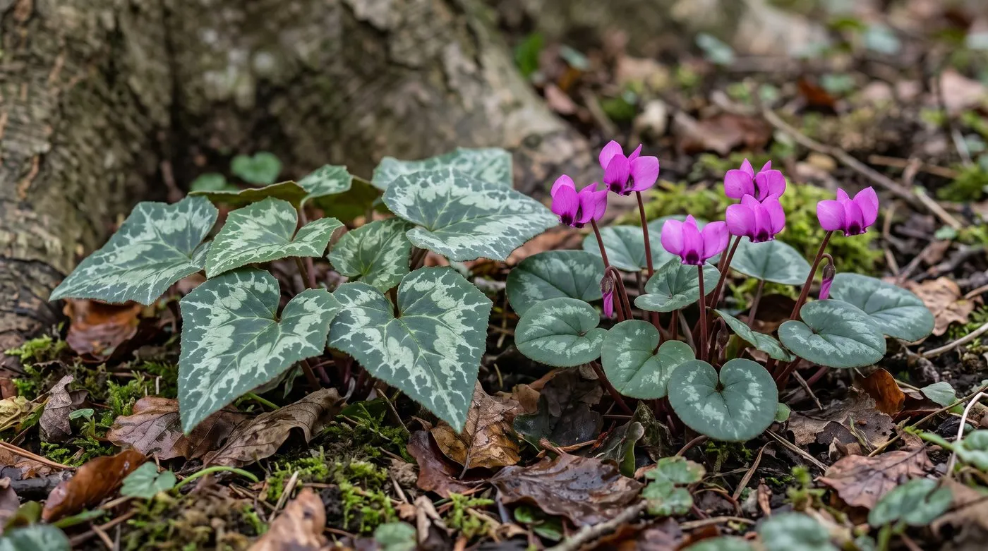 Silver-marbled ivy-shaped cyclamen leaves beside rounded cyclamen coum leaves with magenta flowers