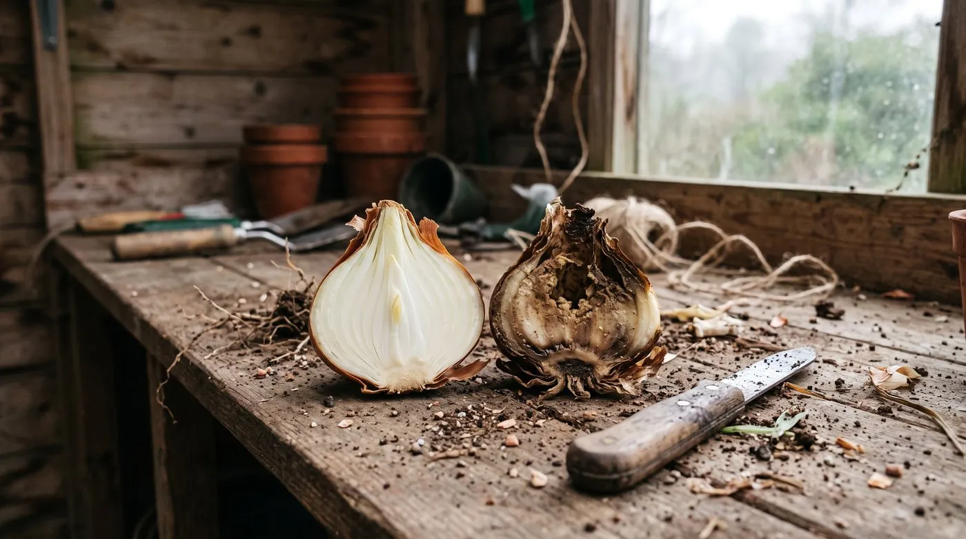 Healthy daffodil bulb cut in half beside a soft, brown, hollowed-out rotten bulb on a potting bench