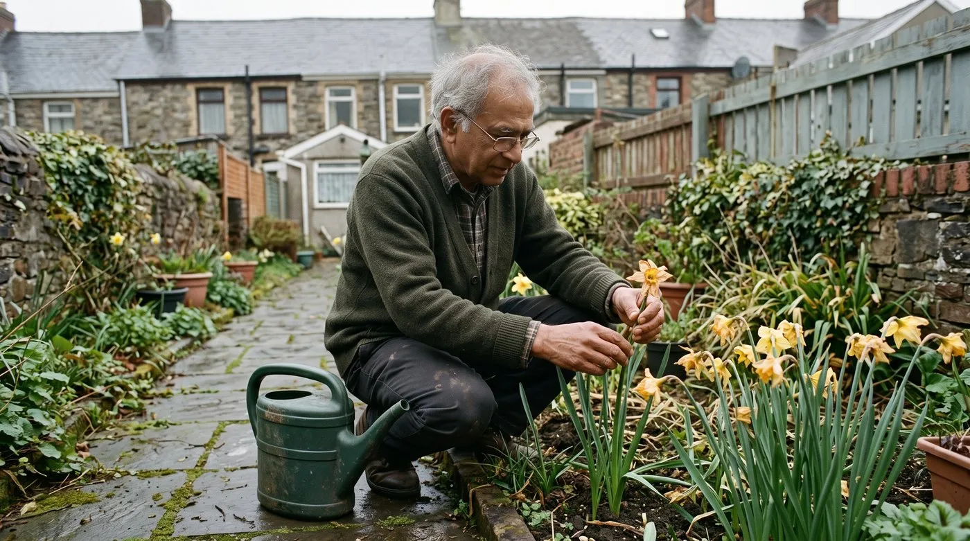 Older gardener snapping off a faded daffodil flower head and leaving the leaves, with a watering can nearby