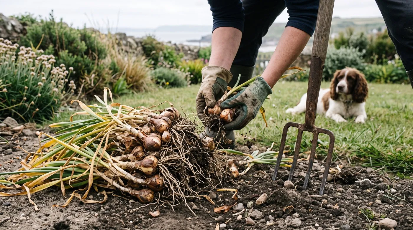 Gloved hands pulling apart a lifted, crowded clump of daffodil bulbs beside a garden fork, with a spaniel nearby