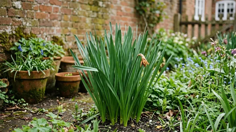 A clump of blind daffodils in a UK cottage border showing tall green leaves and no flowers, with one withered bud