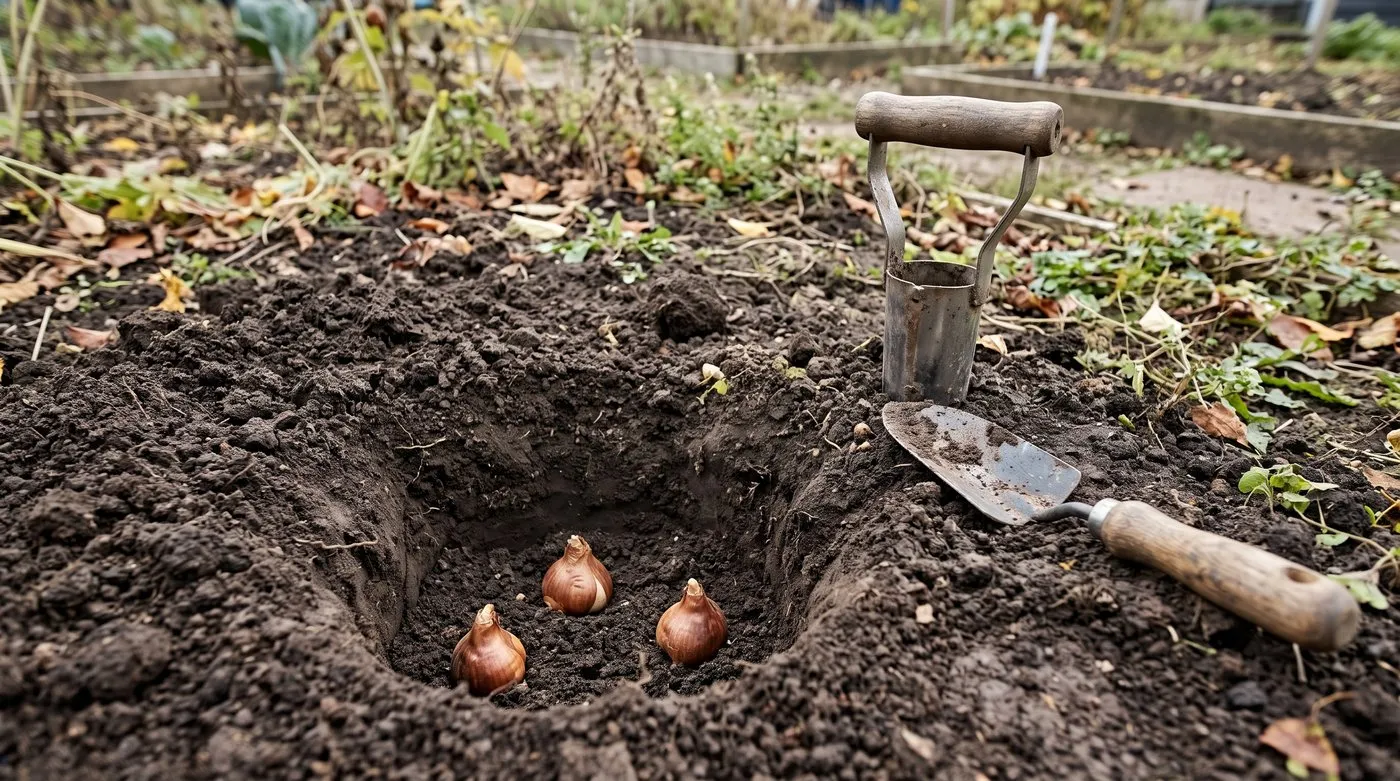 Three daffodil bulbs set pointed end up at the bottom of a deep planting hole with a trowel beside it