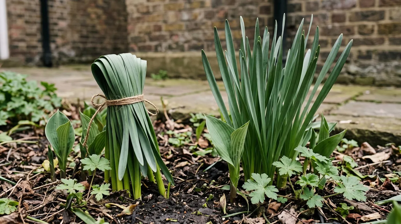 Daffodil leaves folded over and tied with twine beside a clump left loose among emerging hosta and geranium leaves