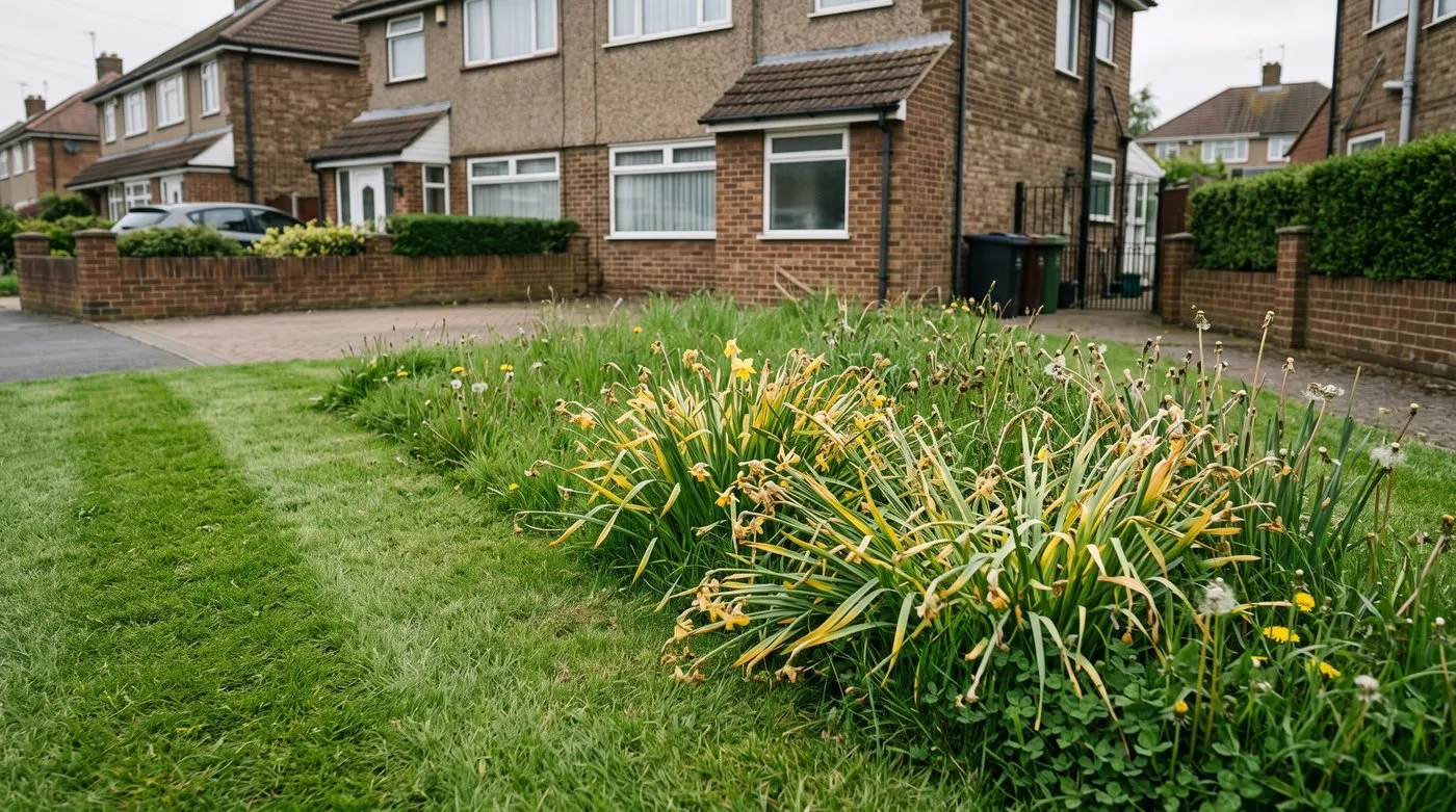 Unmown patch of lawn with yellowing daffodil leaves left to die down beside freshly mown grass