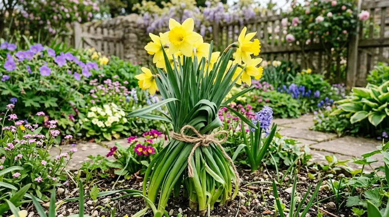Yellow daffodil foliage tied in a knot showing a classic UK daffodil growing mistake in a cottage garden