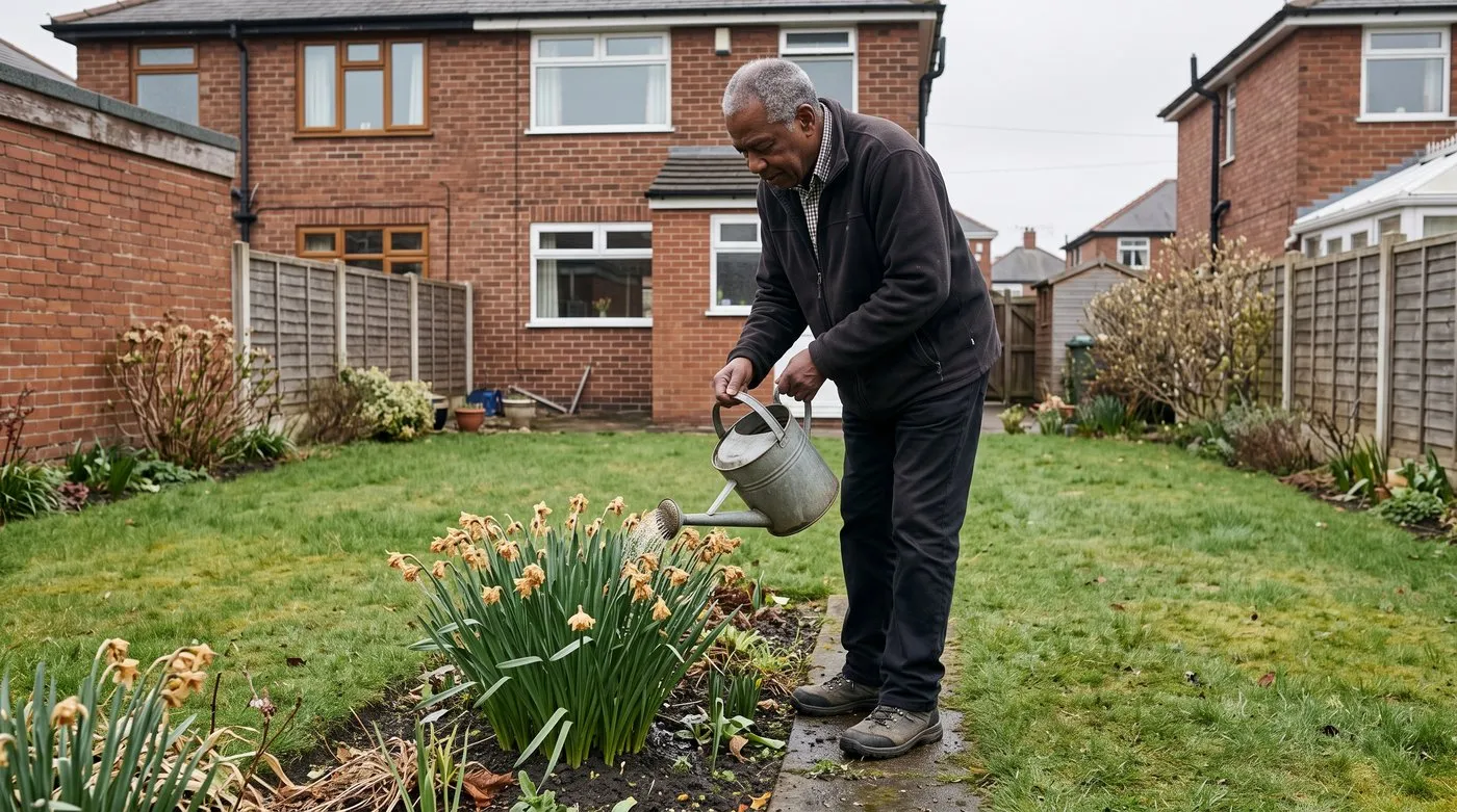 Man watering a clump of daffodils with faded flowers and green leaves in a suburban border