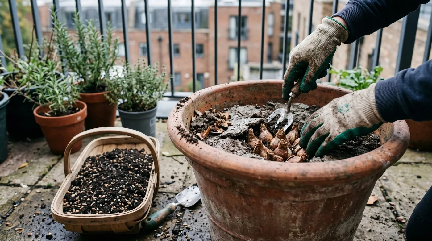 Gloved hands replacing the top layer of compost on a terracotta pot of daffodil bulbs in autumn