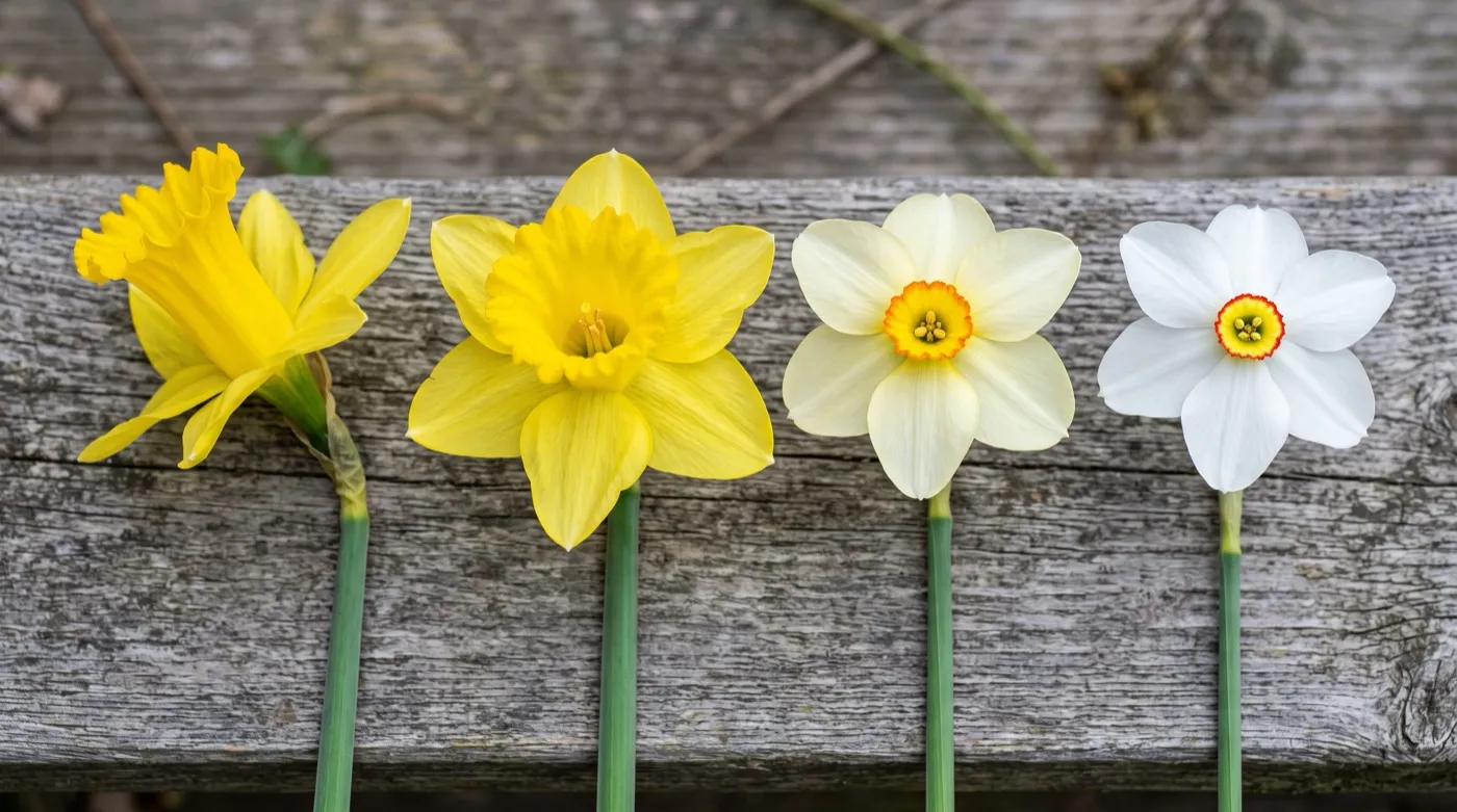 Daffodil types compared: trumpet, large-cupped, small-cupped and poeticus flowers showing different cup-to-petal ratios