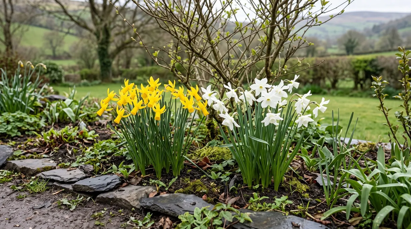 Golden Cyclamineus daffodils with swept-back petals beside nodding white Thalia daffodils in a shady border